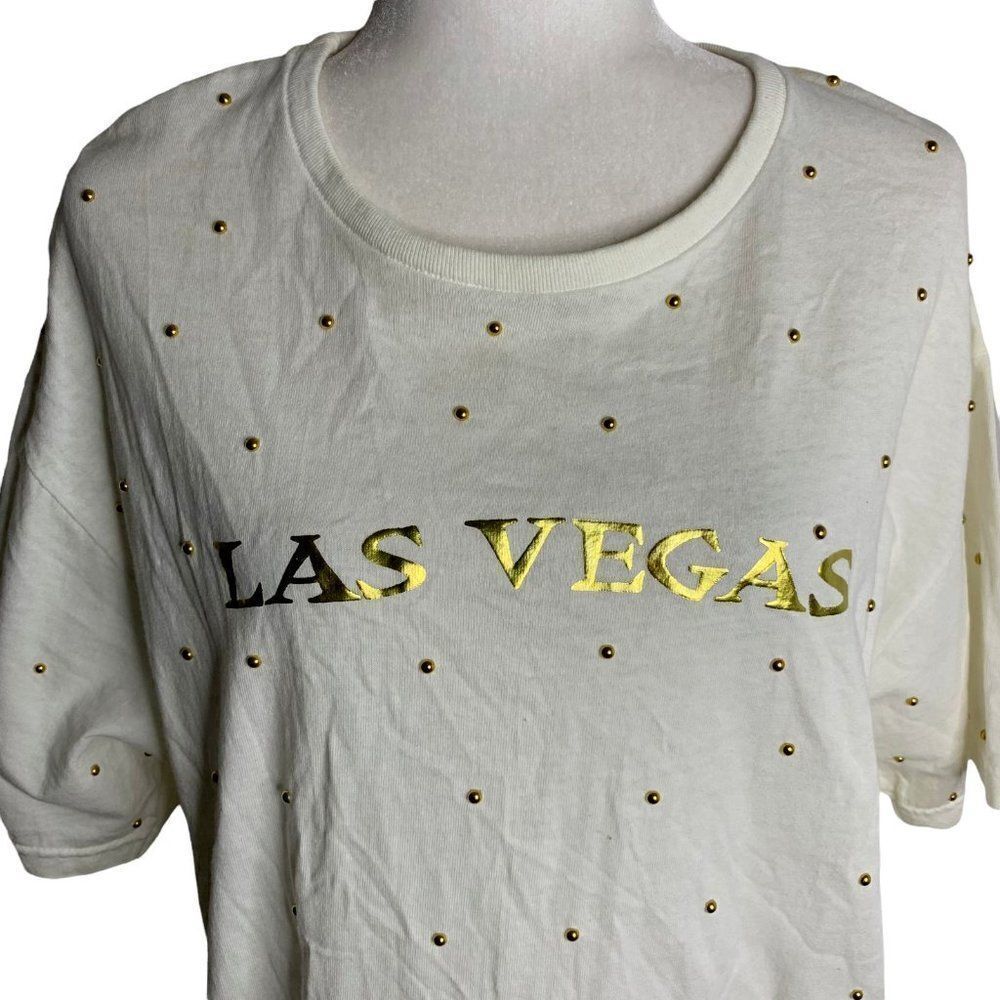 Vintage 80s Studded Las Vegas T Shirt L White Gold Short Sleeves